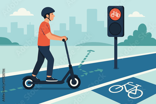 E-Scooter Smart Path. Vector illustration of e-scooter rider following smart path indicators and stopping at digital traffic light