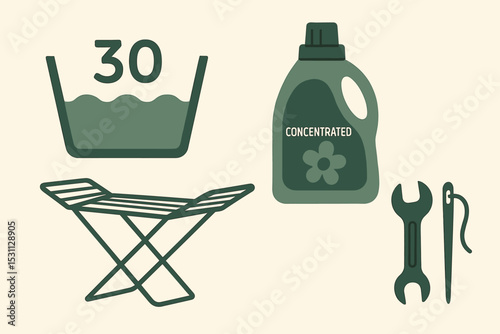 Eco-Friendly Laundry Essentials. Low impact laundry — Vector illustration of cold wash cycle, concentrated detergent, drying rack,