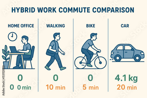 Hybrid Commute Comparison. Vector illustration of hybrid work commute comparison: home office, walking, bike, vs. car in emissions