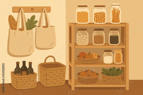 Waste-Free Grocery Corner. Vector illustration of waste-free grocery corner in home with jars, baskets, and fabric shopping bags