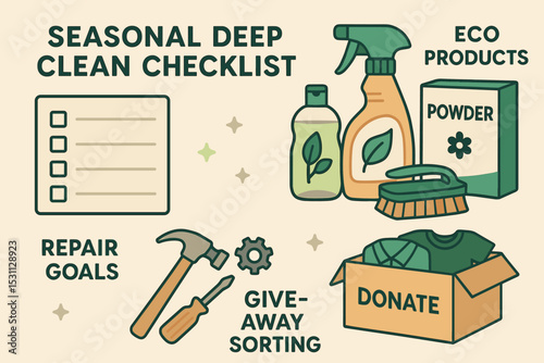 Eco Cleaning Checklist. Vector illustration of seasonal deep clean checklist with eco products, repair goals, and give-away