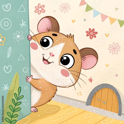 happy hamster peeking around the corner whimsical
