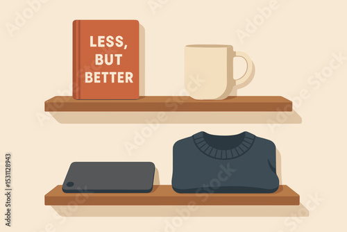 Curated Minimalist Shelves. Less, but better — Vector illustration of curated shelves with one beloved book, mug, sweater, and