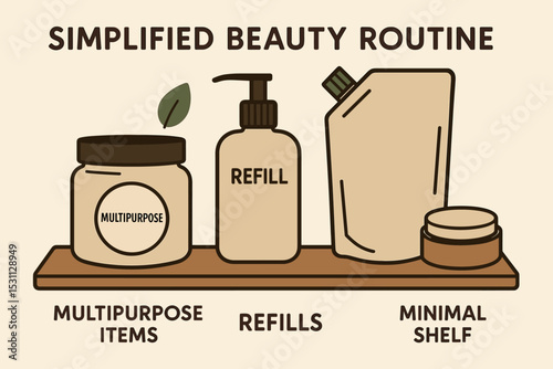Minimalist Beauty Shelf. Vector illustration of simplified beauty routine with multipurpose items, refills, and minimal shelf