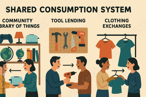 Community Sharing System. Vector illustration of shared consumption system: community library of things, tool lending, and
