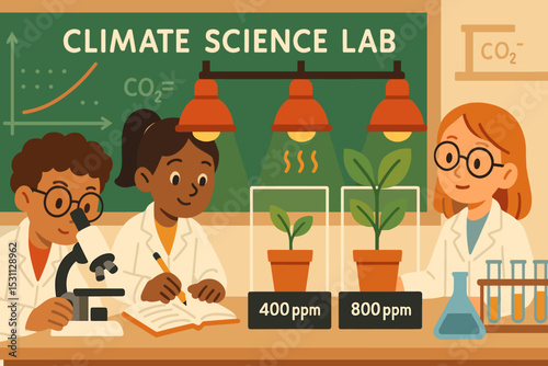 Kids in Climate Lab. Vector illustration of climate science lab with kids observing plant growth under different CO₂ levels and