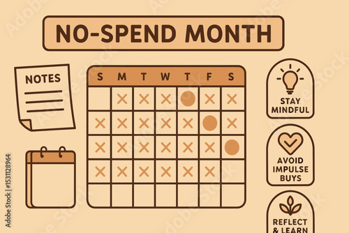 No-Spend Challenge Tracker. Vector illustration of “no-spend month” challenge tracker with calendar icons, notes, and mindful