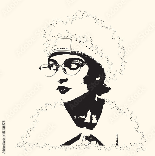 Artistic Black and White Portrait of a Woman with Textured Hair hat and Glasses