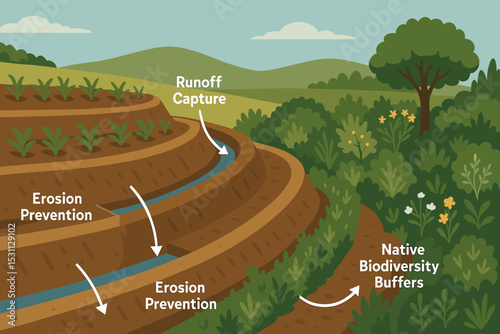 Sustainable Terraced Farming. Vector illustration of terraced farming with erosion prevention, runoff capture, and native