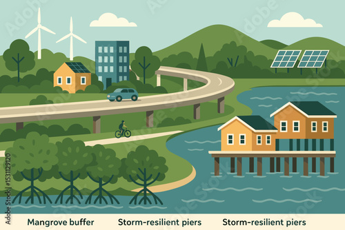 Sustainable Coastal Community. Vector illustration of sustainable coastal community with mangrove buffer, storm-resilient piers,