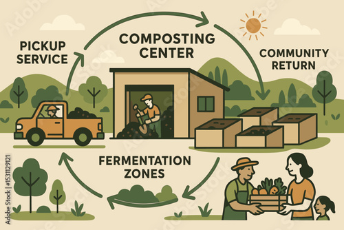 Sustainable Composting Center. Vector illustration of composting center as part of local food loop with pickup service,