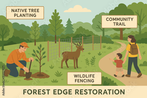 Forest Edge Restoration. Vector illustration of forest edge restoration with native tree planting, wildlife fencing, and community
