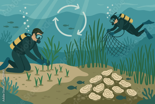 Marine Ecosystem Restoration. Vector illustration of marine ecosystem regeneration with seagrass replanting, oyster reef, and
