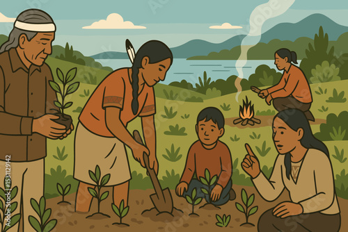 Indigenous Restoration Practices. Vector illustration of indigenous-led restoration practices integrating traditional knowledge,