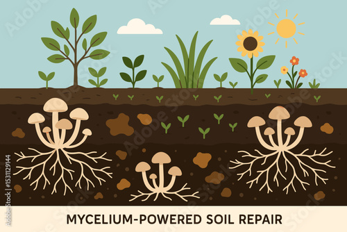 Mycelium Soil Restoration. Vector illustration of mycelium-powered soil repair showing fungi colonizing contaminated soil and