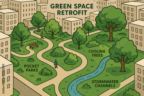 Urban Green Space Transformation. Vector illustration of green space retrofit in dense city with pocket parks, cooling trees, and