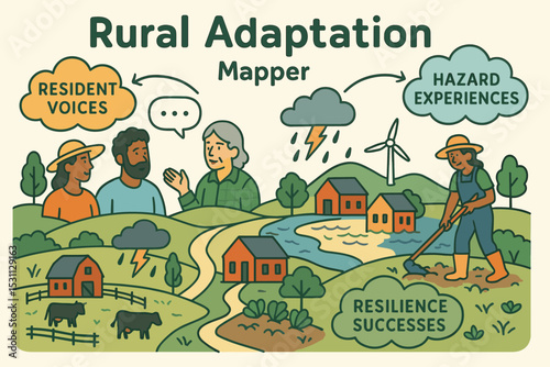 Rural Resilience Map. Vector illustration of rural adaptation story map featuring resident voices, hazard experiences, and
