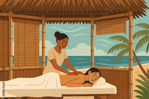 Beachside Massage Serenity. Vector illustration of beachside massage hut with bamboo screens, relaxing client, and ocean breeze