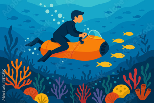 Underwater Scooter Adventure. Vector illustration of underwater scooter ride with tropical reef, fish trails, and bubbles around