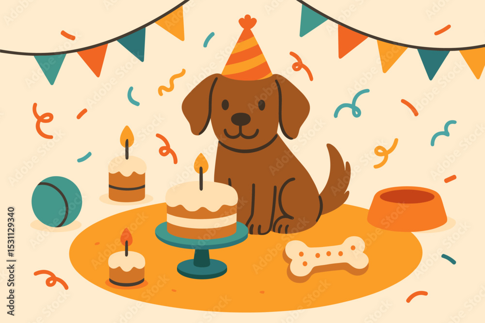 Obraz premium Pet Birthday Celebration. Vector illustration of pet birthday party with dog in party hat, cake-shaped treats, and playful setup