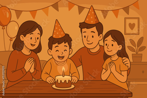 Cozy Family Birthday. Vector illustration of cozy indoor family birthday with warm lighting, small cake, and simple decorations