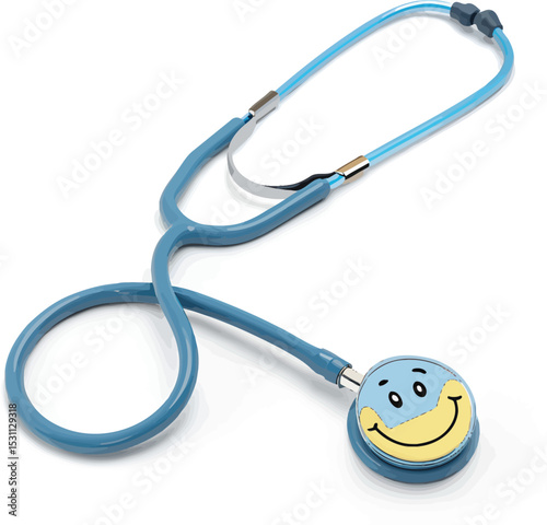 A cheerful blue stethoscope with a smiling face on the chest piece rests on a white surface