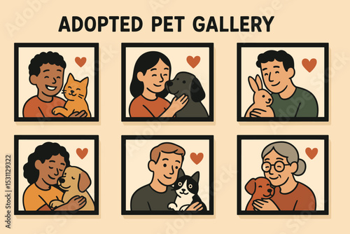 Adopted Pets Gallery. Vector illustration of adopted pet gallery with framed photos on the wall and hearts around each pair