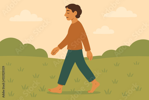 Mindful Walking Practice. Vector illustration of mindful walking practice with barefoot person on grass, slow pace, and peaceful
