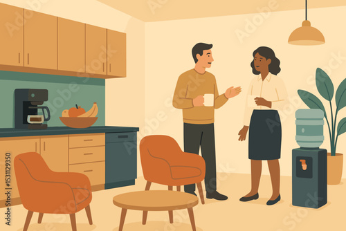 Shared Kitchen Lounge. Vector illustration of shared kitchen lounge with coffee machine, fruit bowl, casual seating, and water