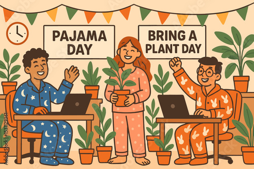 Fun Themed Workday. Vector illustration of themed workday (e.g., pajama day, bring a plant day) with relaxed and fun energy