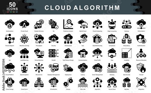The Cloud Algorithm black icon set showcases core technologies of modern cloud architecture ideal for illustrating data infrastructure, scalability, security layers, and advanced computing strategies.