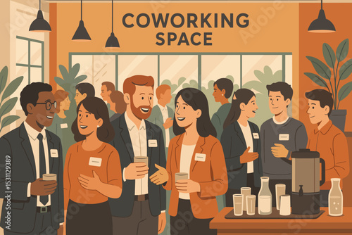 Coworking Network Event. Vector illustration of networking event at coworking space with name tags, mingling, and drinks station