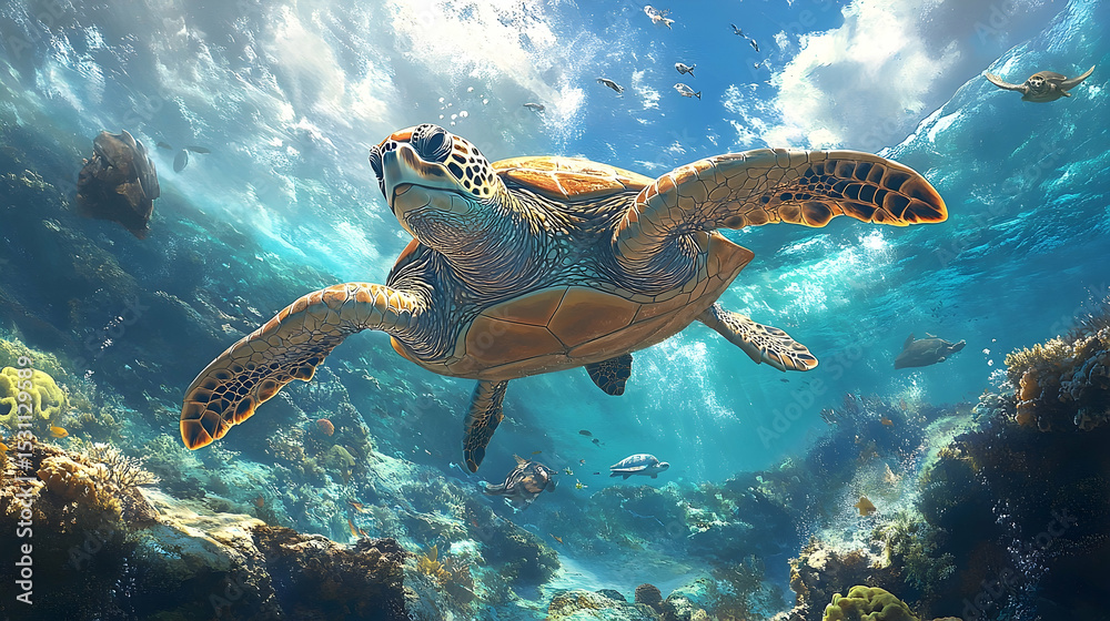 Obraz premium Sea turtle swimming in vibrant coral reef.