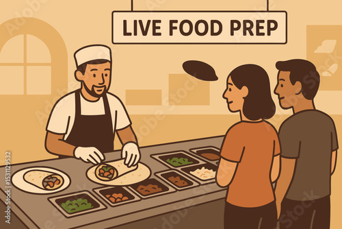 Live Food Prep. Vector illustration of live food prep station where rolls, wraps, or pizzas are made in front of customers