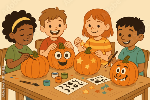 Pumpkin Decorating Fun. Vector illustration of kids decorating pumpkins at craft table with paints, stickers, and silly faces