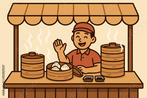 Dumpling Delight Stand. Vector illustration of dumpling stand with steaming baskets, soy sauce trays, and cheerful vendor