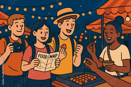 Night Market Explorers. Vector illustration of group of tourists exploring night market with camera, food maps, and joyful