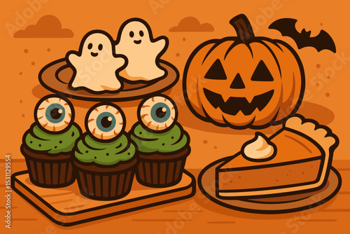 Halloween Bakery Treats. Vector illustration of Halloween-themed bakery with eyeball cupcakes, ghost cookies, and pumpkin pie