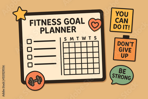 Fitness Planner Corner. Vector illustration of fitness goal planner corner with whiteboard, stickers, and encouragement notes