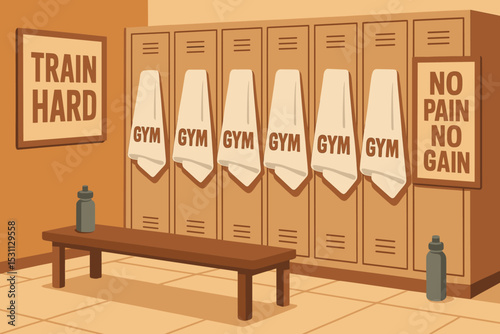 Gym Locker Essentials. Vector illustration of gym locker room with branded towels, lockers, water bottles, and motivational