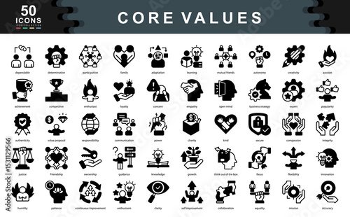 The Core Values black icon set highlights principles like integrity, passion, and collaboration ideal for defining workplace culture, leadership identity, and organizational alignment.