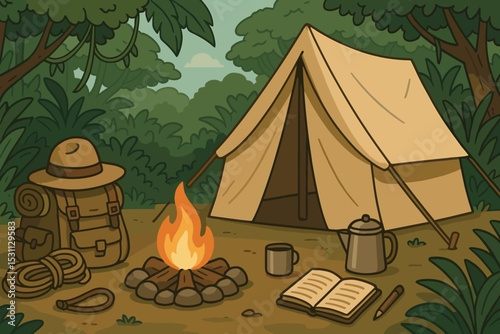 Jungle Explorer Camp. Vector illustration of explorer campsite in the jungle with tent, campfire, gear, and journal