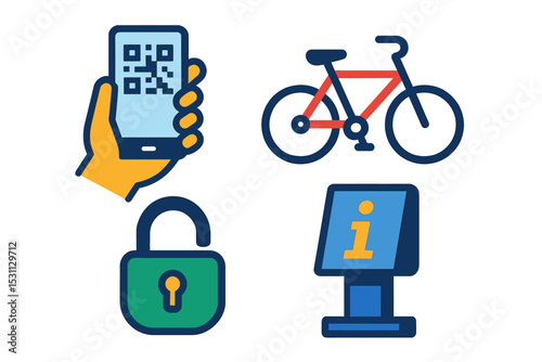 Bike Rental Icons. Isometric flat vector illustration of a user unlocking a shared bike via smartphone QR code at a rental kiosk.