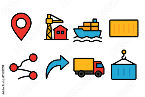 Maritime Routes Icons. Isometric flat vector illustration of a digital map showing maritime shipping routes, port icons, and cargo