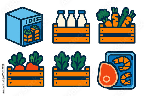 Refrigerated Storage Icons. Isometric flat vector illustration of a refrigerated storage room filled with crates of dairy,