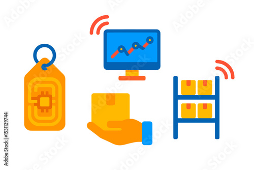 RFID Inventory Icons. Isometric flat vector illustration of an RFID tag system monitoring real-time stock movement and shelf