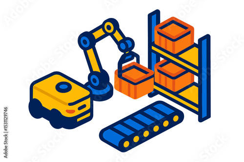 Warehouse Robot Automation. Isometric flat vector illustration of a warehouse robot placing a container onto a shelf in an