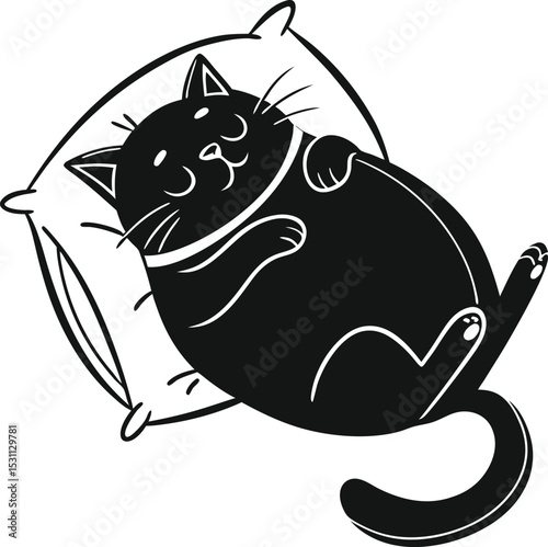 Chubby Cat Silhouette Sleeping Peacefully on a Pillow – Adorable and Relaxed Vector Illustration Perfect for Pet Brands, Home Decor, and Whimsical Designs