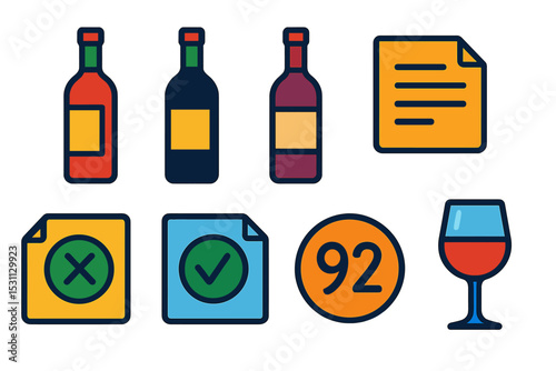 Modern Wine Icons. Isometric flat vector illustration of a wine cellar wall with labeled bottles, vintage notes, and tasting