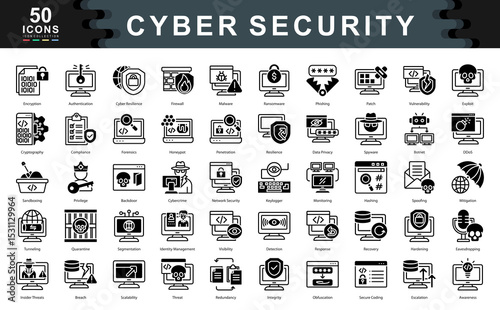 50 cybersecurity black icons illustrating encryption, threat detection, data privacy, and system defense. Ideal for IT, digital protection, and secure tech environments.